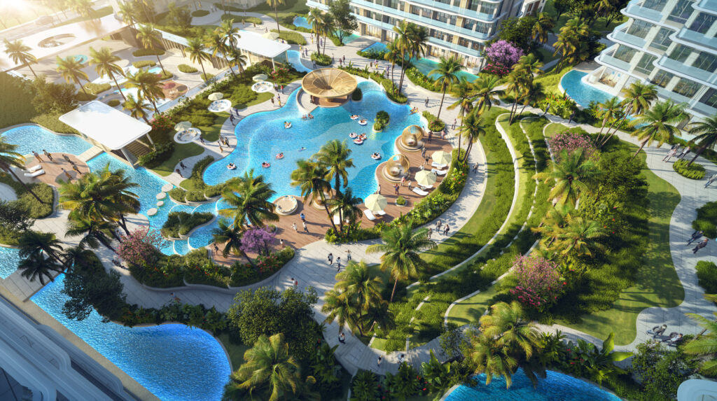 Landscaped pool complex with bar and shaded terraces, Layan residences