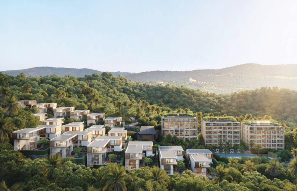 Aerial render of Kiara Reserve by Anantara in Layan, Phuket, with hillside villas in the foreground and low-rise condominium blocks beside a pool, set in forested hills.